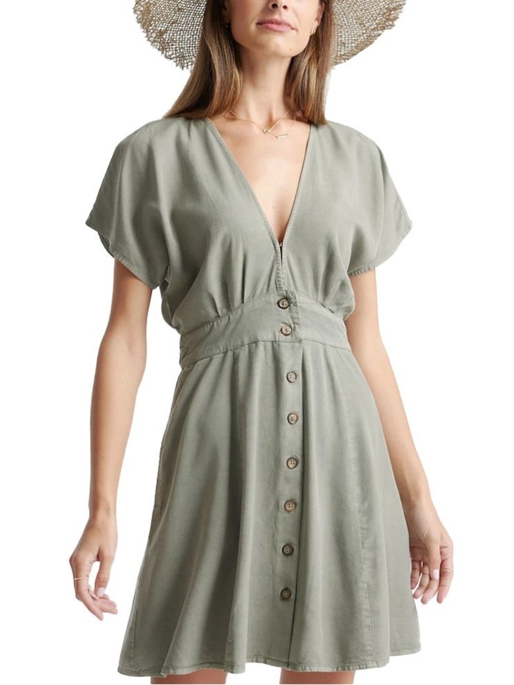 Quince Vintage Wash Tencel Button Front Dress in olive green Small